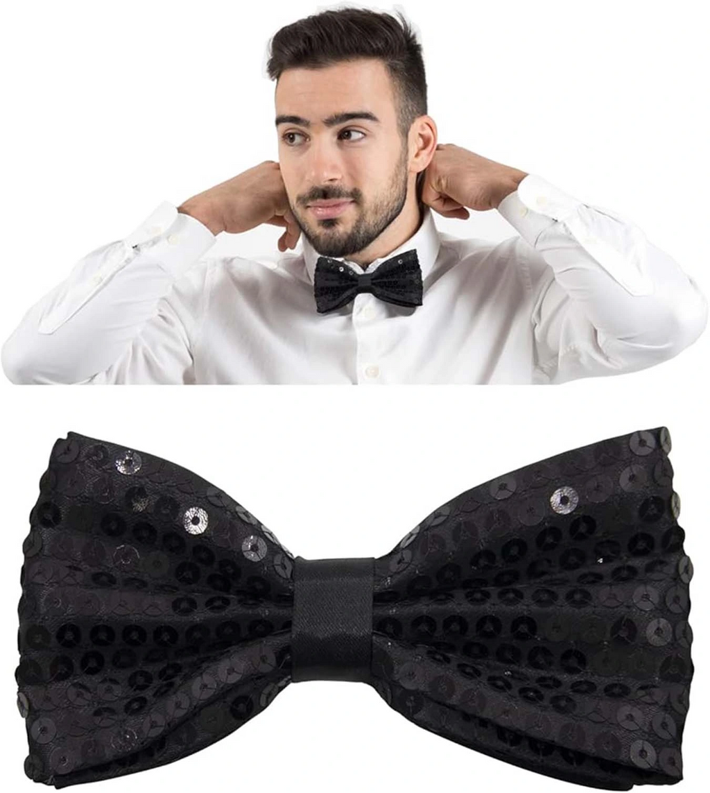 Gece Işıltısı Siyah Payetli Pullu Papyon 7x2 Cm