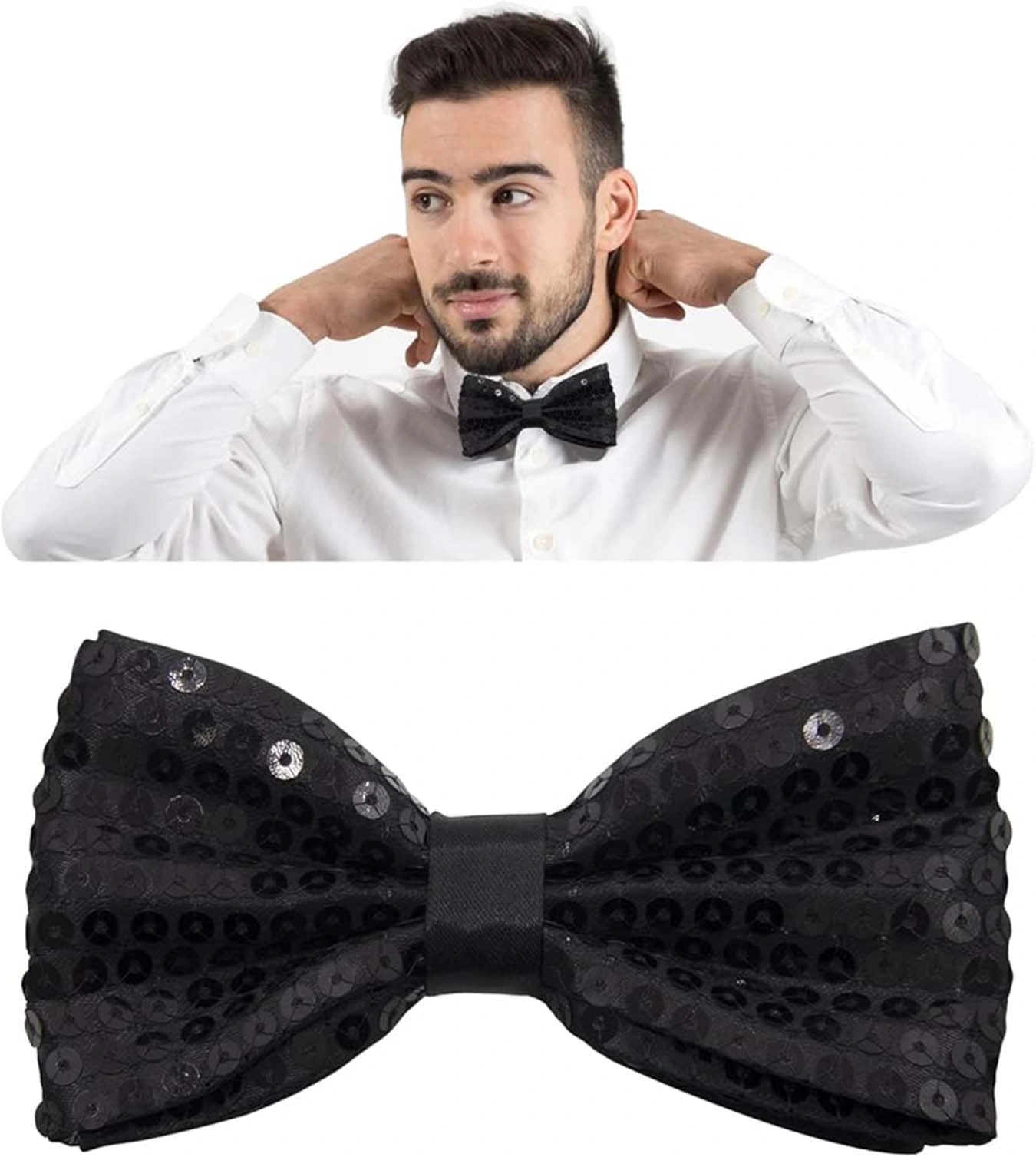 Gece Işıltısı Siyah Payetli Pullu Papyon 7x2 Cm