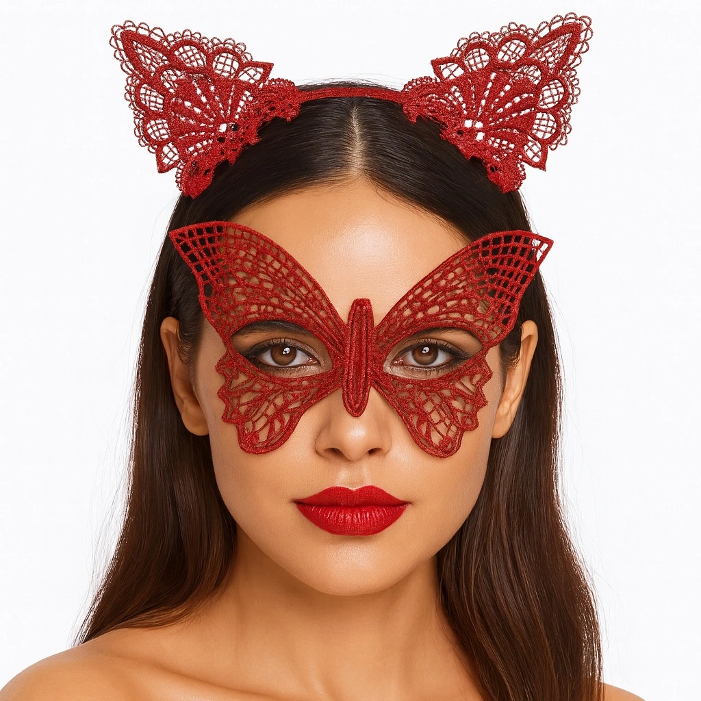 Gösterişli Kırmızı Dantel Maske Ve Taç Seti 7 No - Masquerade Ve Davetler İçin