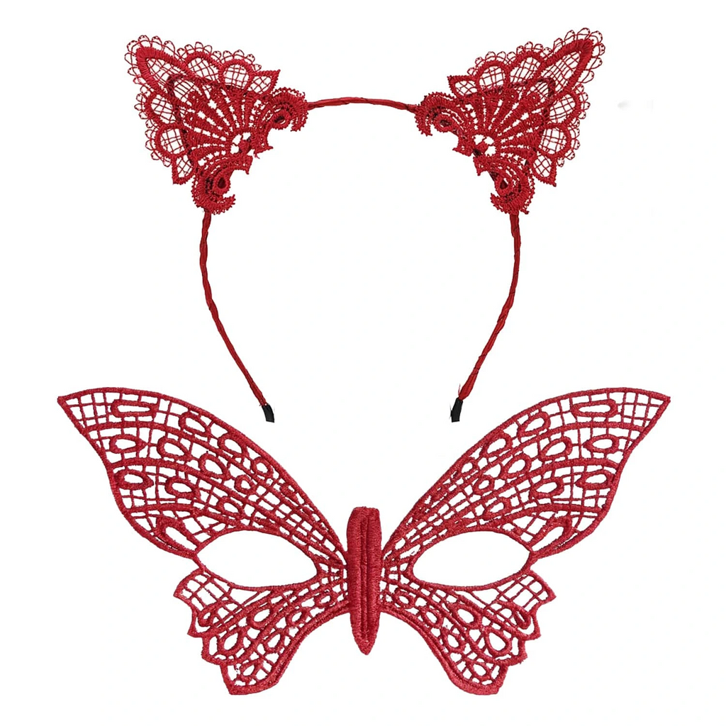 Gösterişli Kırmızı Dantel Maske Ve Taç Seti 7 No - Masquerade Ve Davetler İçin