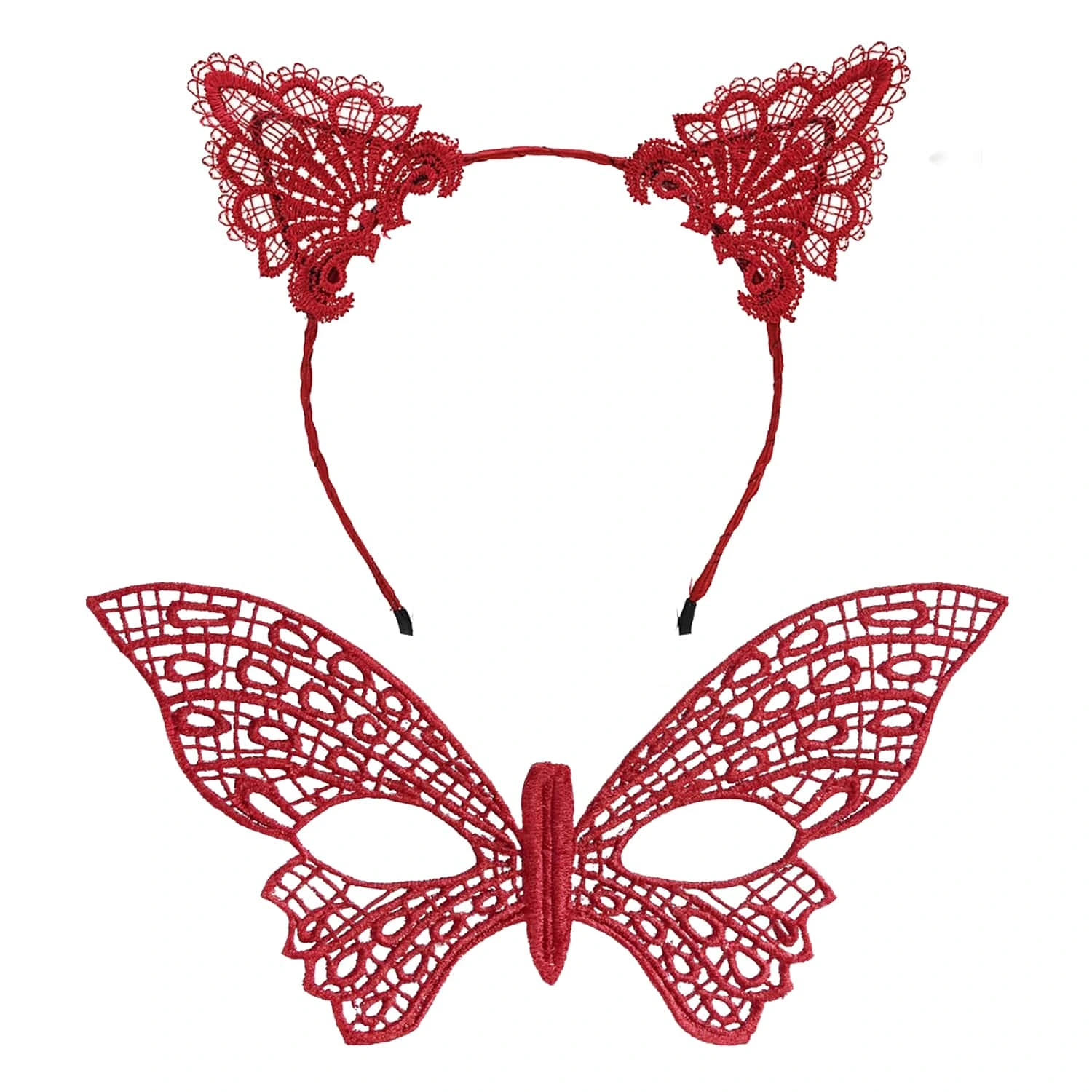 Gösterişli Kırmızı Dantel Maske Ve Taç Seti 7 No - Masquerade Ve Davetler İçin