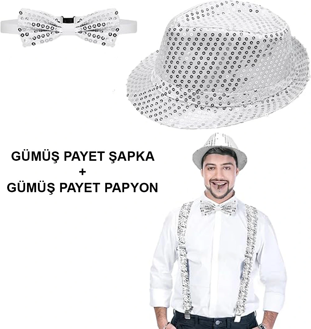 Gümüş Payetli Şapka Ve Papyon Seti - Parıltılı Yetişkin Kostüm Seti