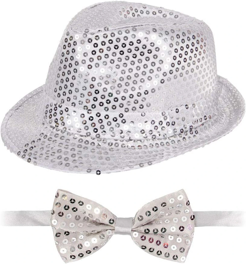Gümüş Payetli Şapka Ve Papyon Seti - Parıltılı Yetişkin Kostüm Seti