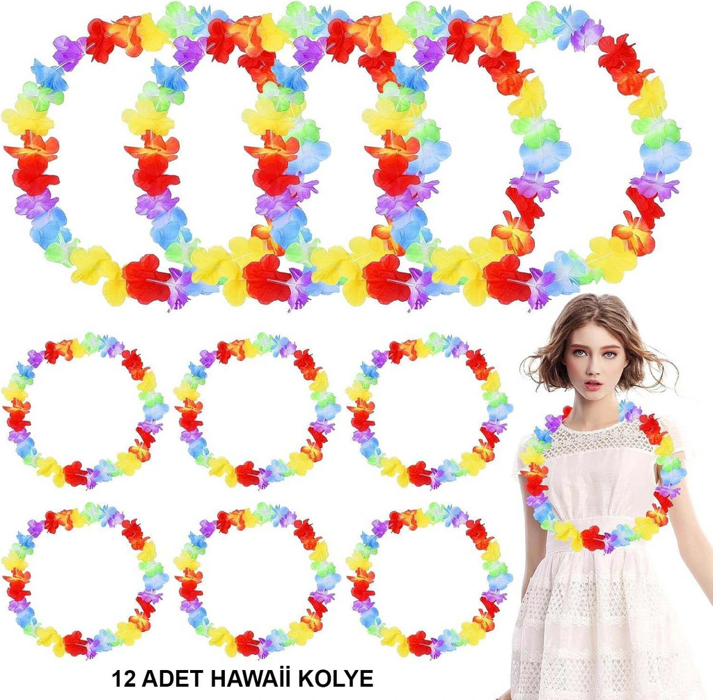 Hawaii Çiçekli Boyun Kolyesi - Renkli Tropikal Parti Leisi 12 Adet