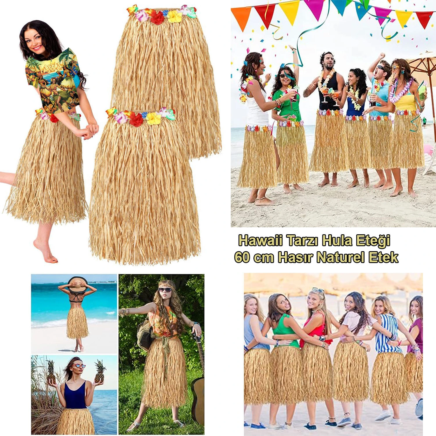 Hawaii Tarzı Hula Eteği - 60 Cm Hasır Naturel Etek