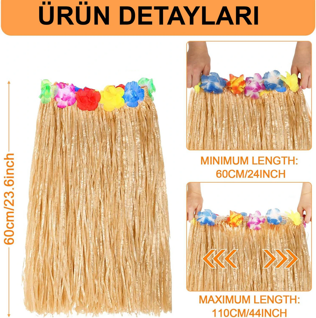 Hawaii Tarzı Hula Eteği - 60 Cm Hasır Naturel Etek