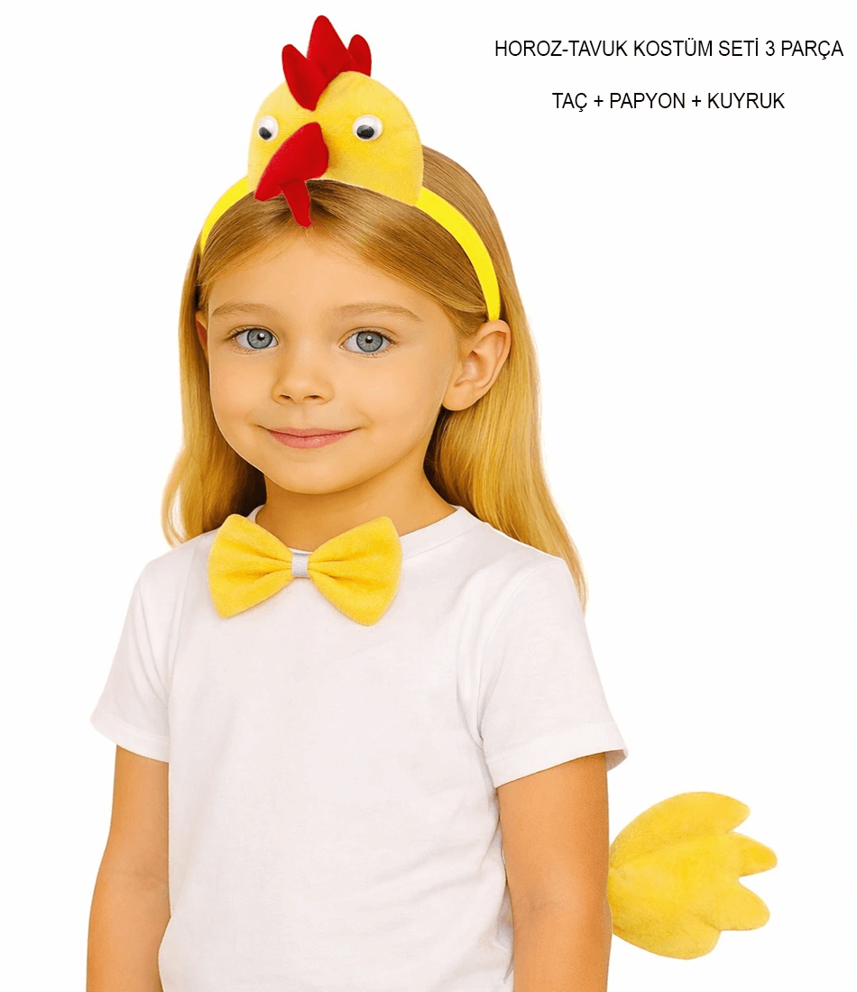 Horoz - Tavuk Kostüm Aksesuar Seti - Taç Papyon Kuyruk
