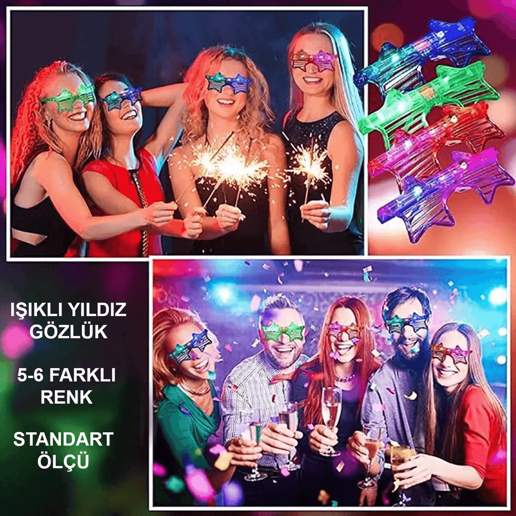 Işıklı Yıldız Gözlük Ledli Parti Gözlüğü 6 Renk 12 Adet