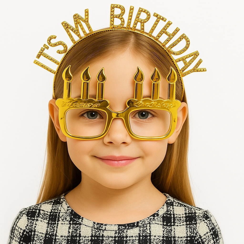 İt's My Birthday Yazılı Taç Ve Mum Şekilli Gözlük Seti Altın Renk