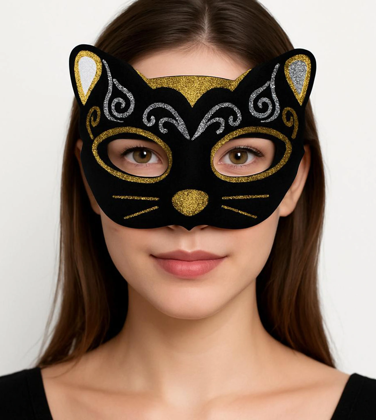 Kadife Dokulu Sim Detaylı Işıltılı Kedi Maskesi Altın Gümüş 20x13 Cm