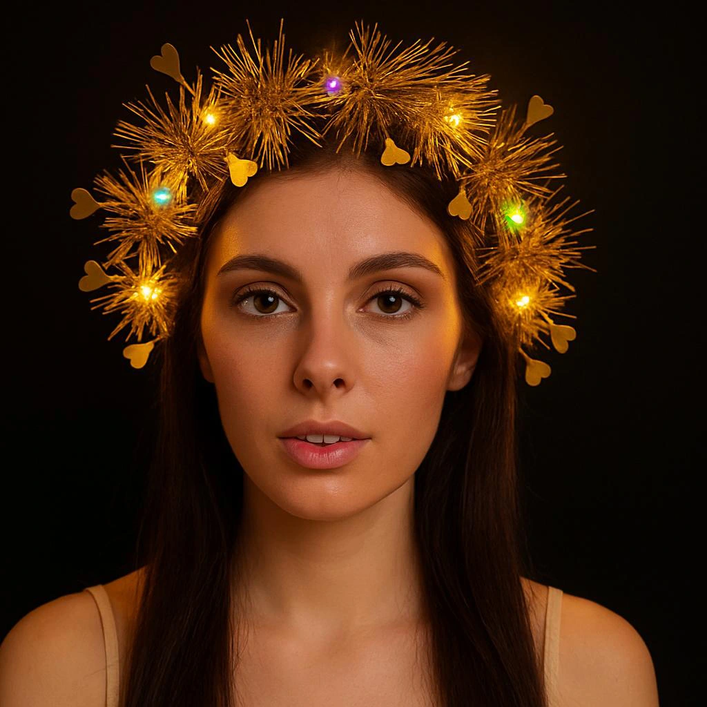 Kalp Püsküllü Gece Parıltısı 3 Modlu Led'li Işıklı Taç Altın Renk