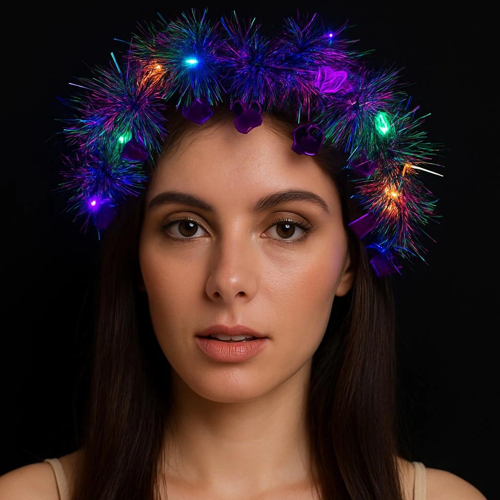 Kalp Püsküllü Gece Parıltısı 3 Modlu Led'li Işıklı Taç Mor Renk