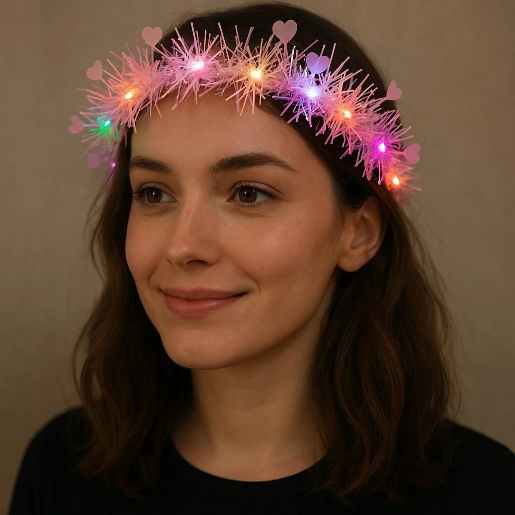 Kalp Püsküllü Gece Parıltısı 3 Modlu Led'li Işıklı Taç Pembe Renk