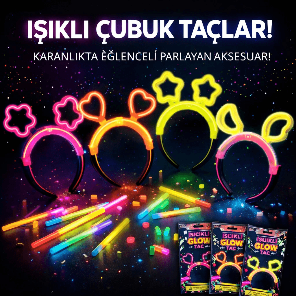 Karanlıkta Parlayan Glow Taç Seti 12 Adet - Yıldız Kalp Ay Çiçek (her Model 3 Adet)