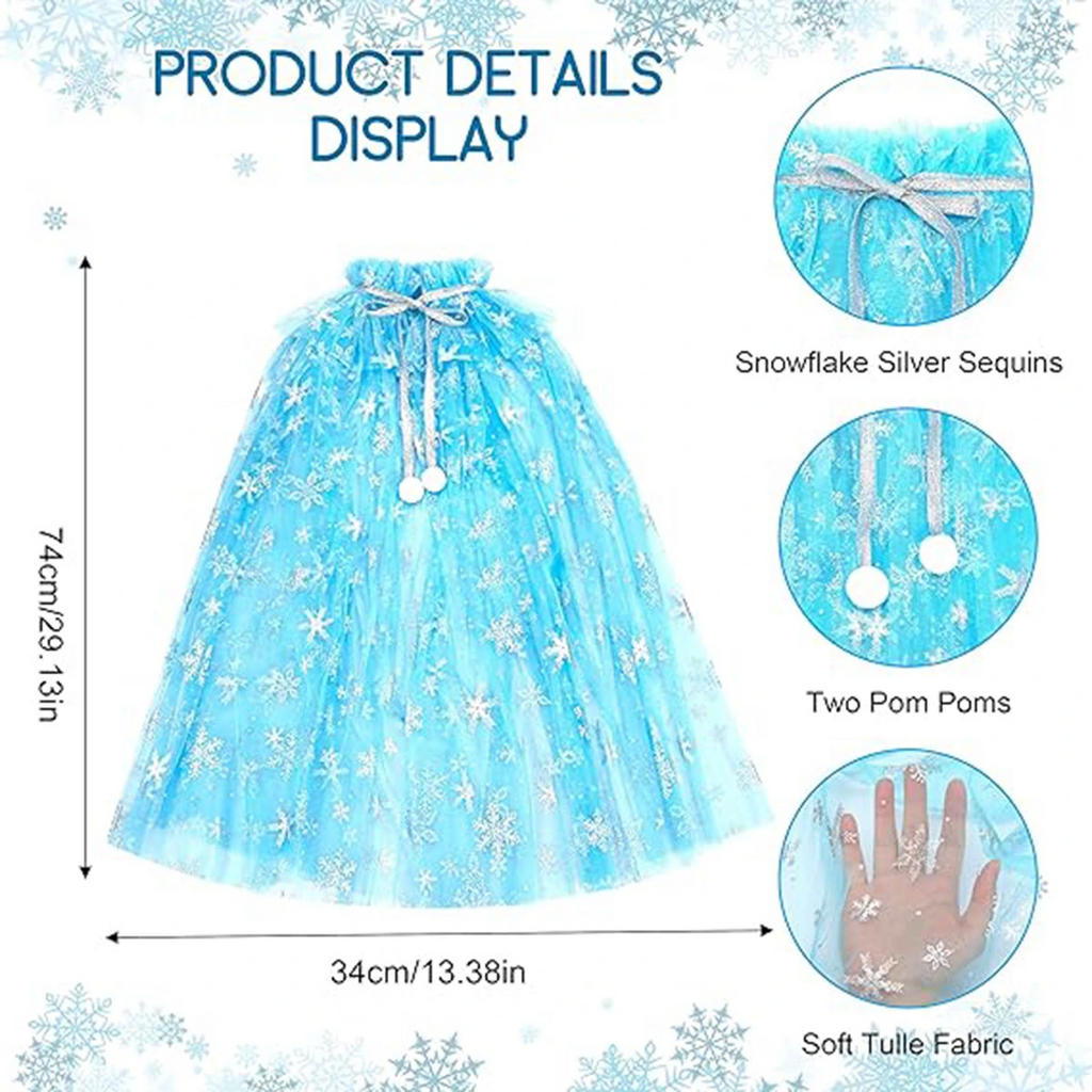 Karlar Ülkesi Elsa Frozen Mavi Pelerin - 80 Cm Kar Desenli Çocuk Pelerini ( Taç Hariç )
