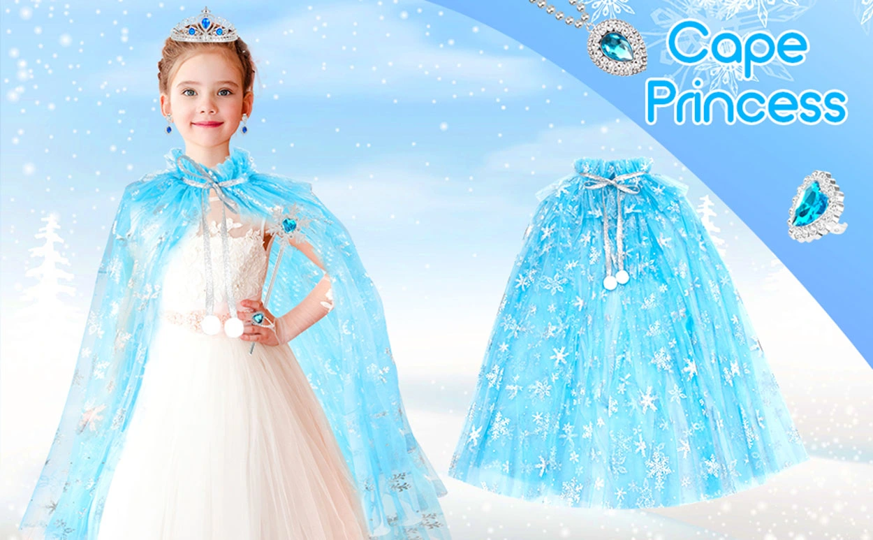 Karlar Ülkesi Elsa Frozen Mavi Pelerin - 80 Cm Kar Desenli Çocuk Pelerini ( Taç Hariç )