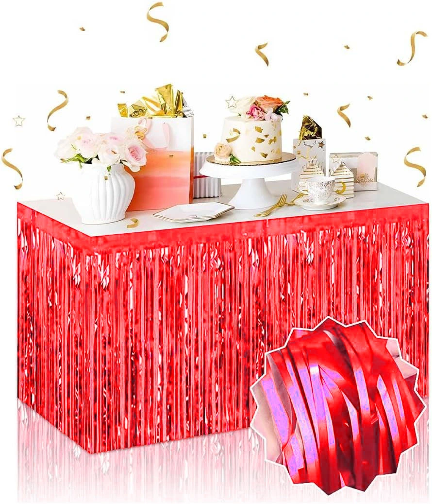 Kendinden Yapışkanlı Kırmızı Metalize Püsküllü Masa Eteği - 75 X 275 Cm Parti Süslemesi