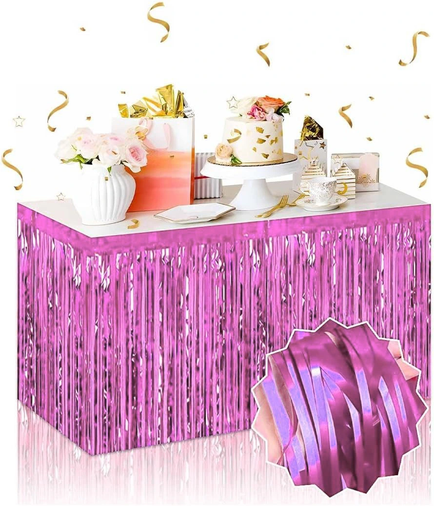 Kendinden Yapışkanlı Pembe Metalize Püsküllü Masa Eteği - 75 X 275 Cm Parti Süslemesi