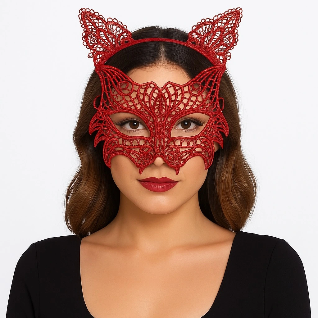 Kırmızı Dantel Kedi Maskesi Ve Dantel Taç Seti 8 No - Kadın Kostüm Aksesuarı