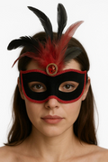 Kırmızı Dantelli Siyah Kırmızı Tüylü Siyah Süet Kaplama Parti Maskesi 17x25 Cm