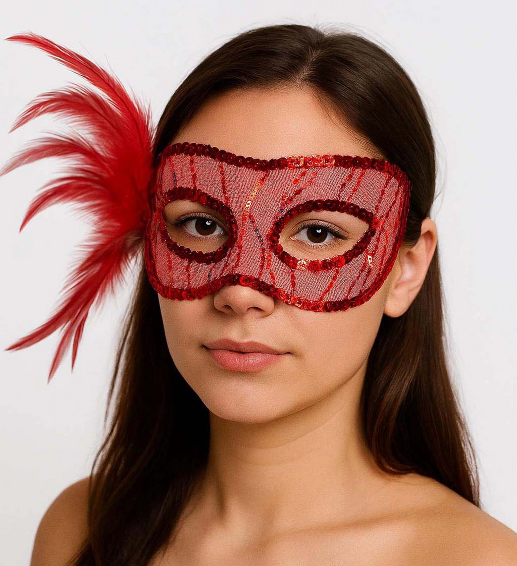 Kırmızı Renk Yandan Tüylü Pul Payet İşlemeli Parti Maskesi 23x12 Cm