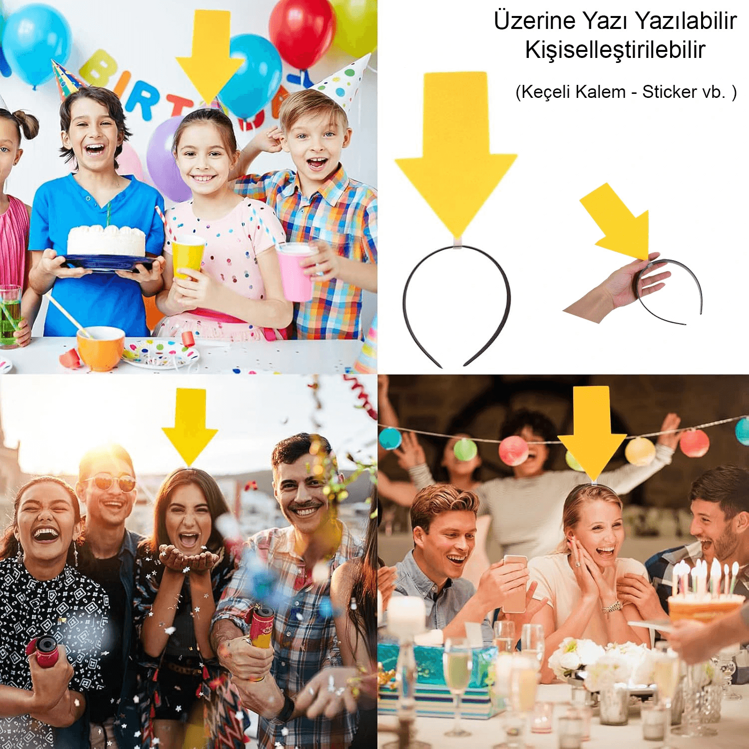 Kişiselleştirilebilir Ok Taç - Üzerine Yazı Yazılabilen Parti Tacı Sarı Renk