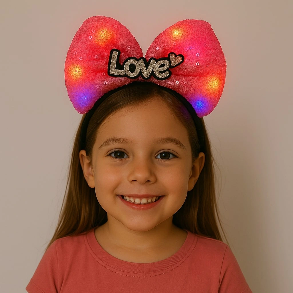 Led Işıklı Love Yazılı Fuşya Fiyonk Taç - Kız Çocuk Parti Tacı