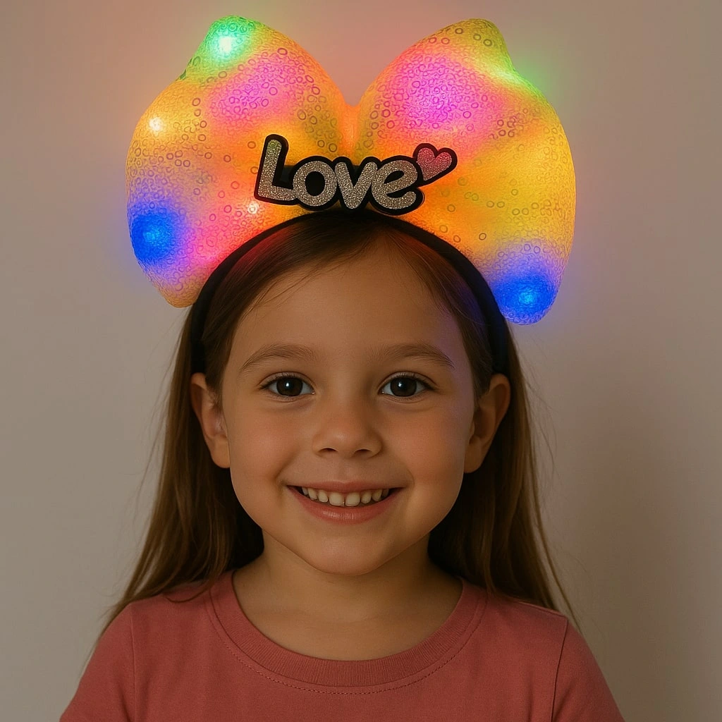 Led Işıklı Love Yazılı Sarı Fiyonk Taç - Kız Çocuk Parti Tacı