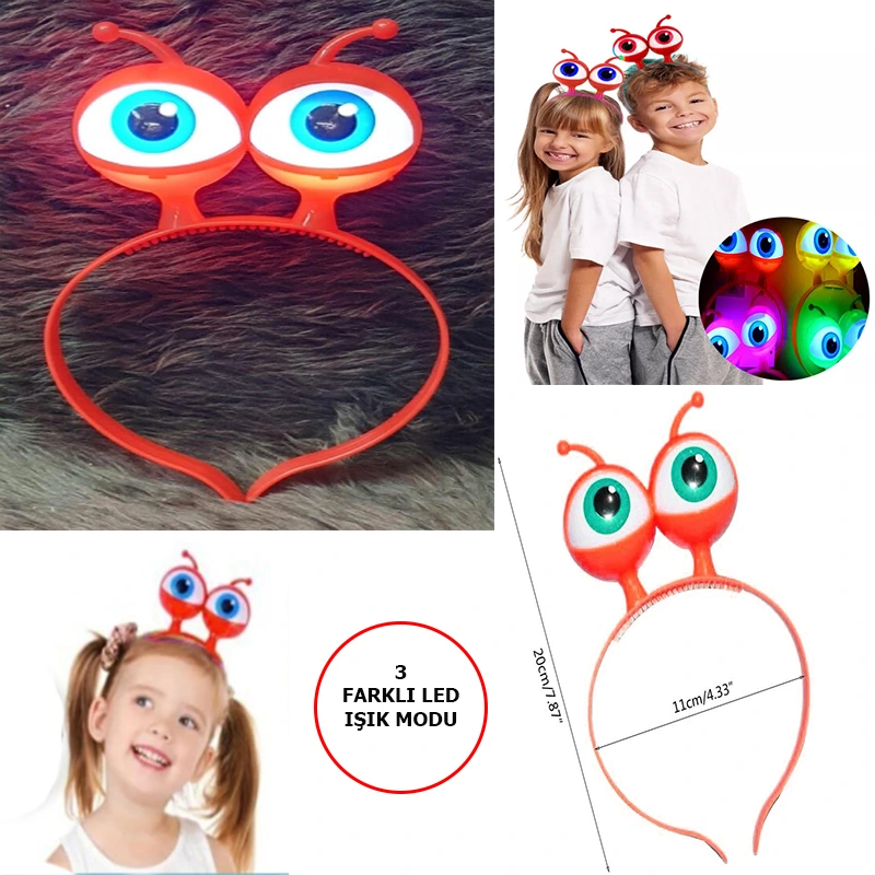 Led Işıklı & Pilli 3 Farklı Modda Yanan Uzaylı Göz Parti Tacı Kırmızı Renk 18x12 Cm