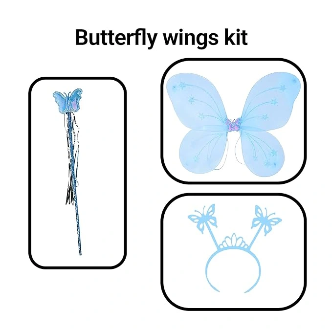 Mavi Kelebek Erkek-kız Seti - 50 Cm Kelebek Kanadı, Taç Ve Asa