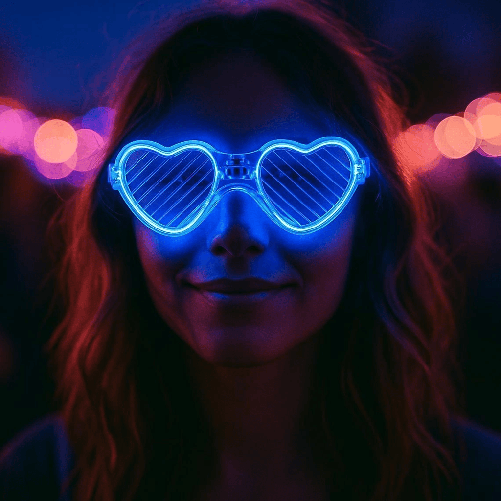 Mavi Led Işıklı Kalp Gözlük - 3 Modlu Parti & Glow Gözlüğü