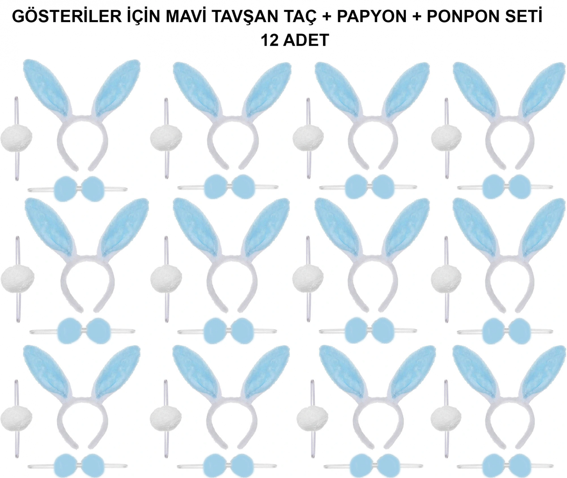 Mavi Tavşan Kostüm Seti - Taç, Papyon, Ponpon (12 li Paket)