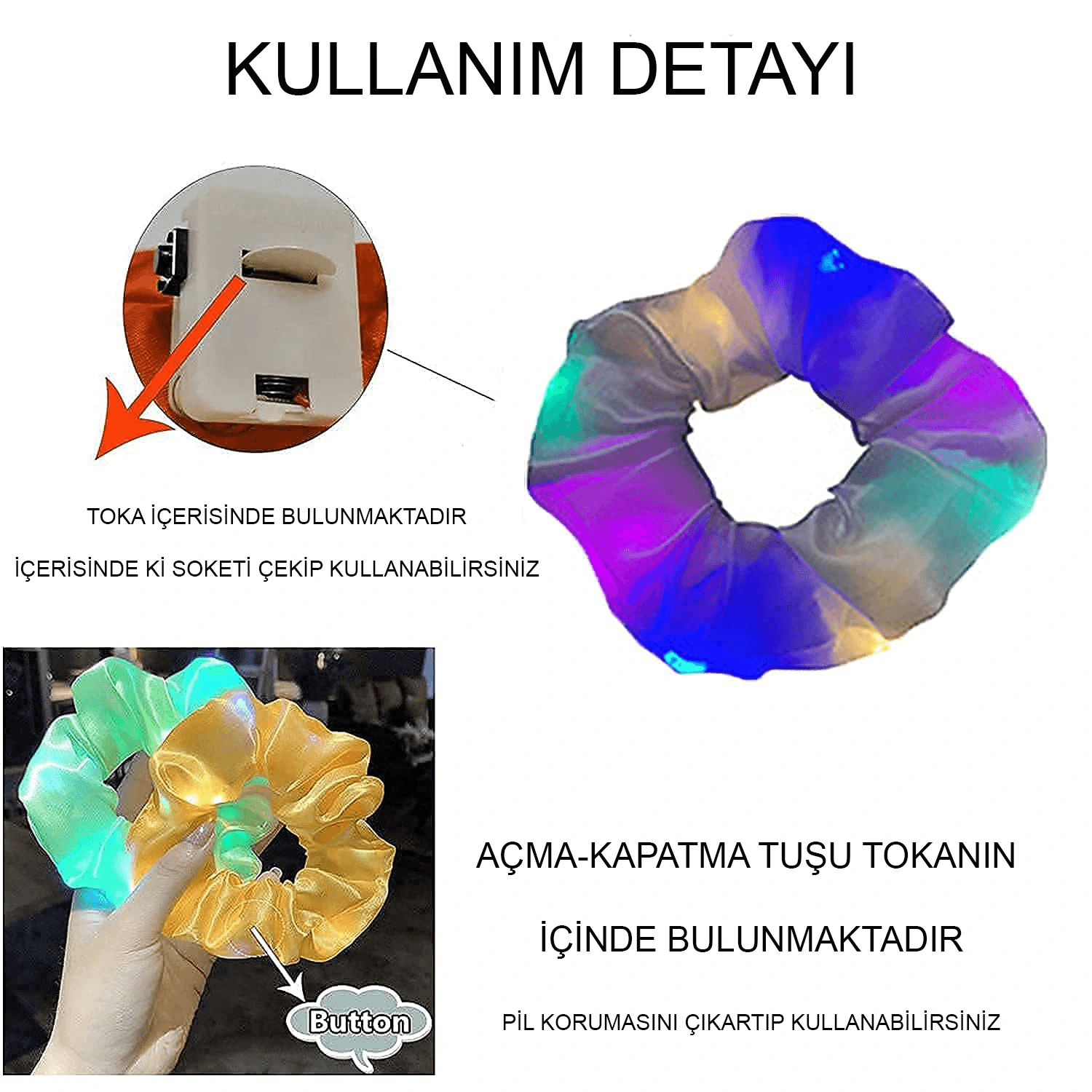 Mint Yeşili Renk Led Işıklı Lastikli Saç Tokası - 3 Modlu Festival & Parti Saç Tokası