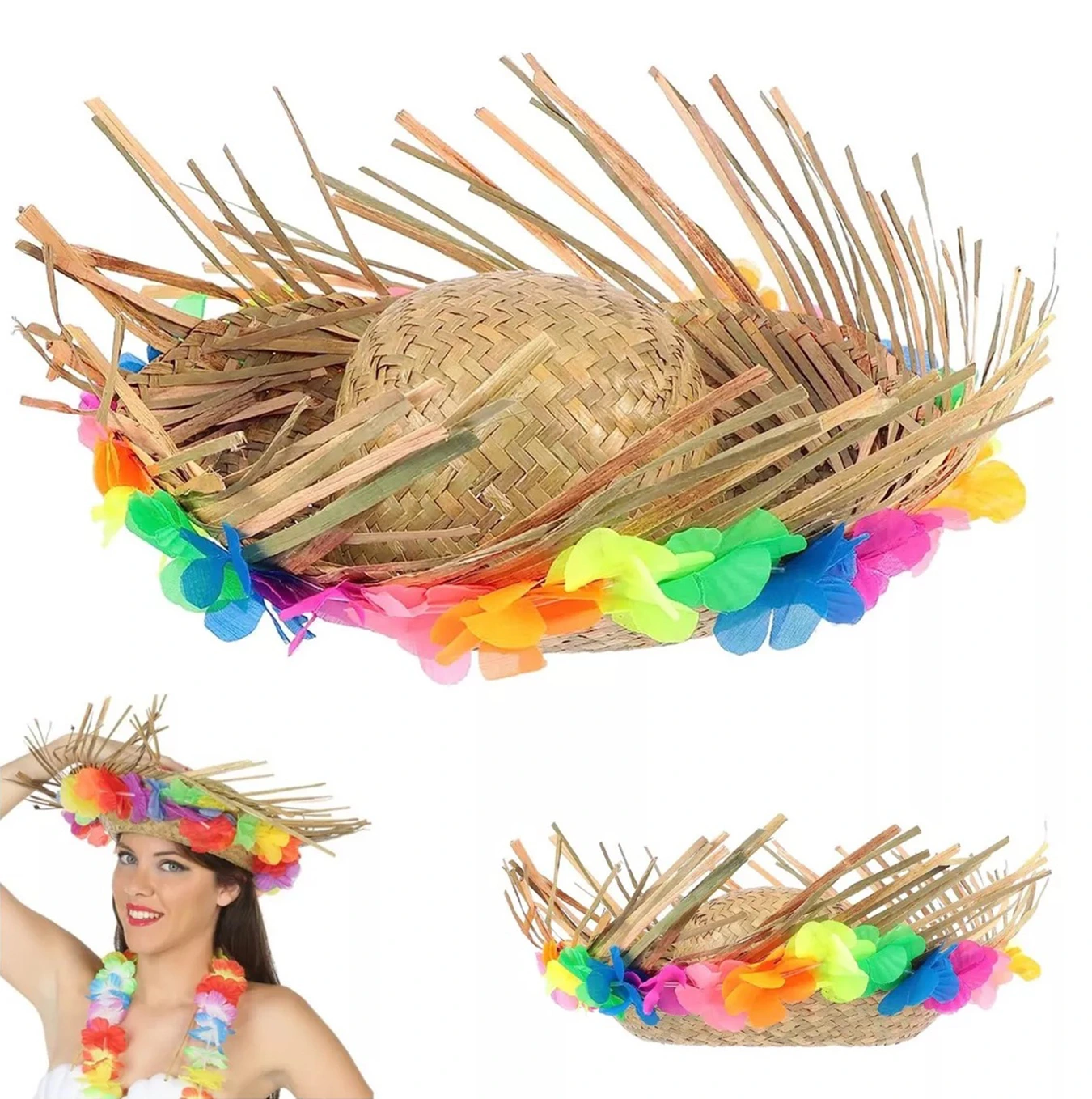 Naturel Renk Püsküllü Örme Hasır Hawaii Luau Aloha Şapka 13x36 Cm