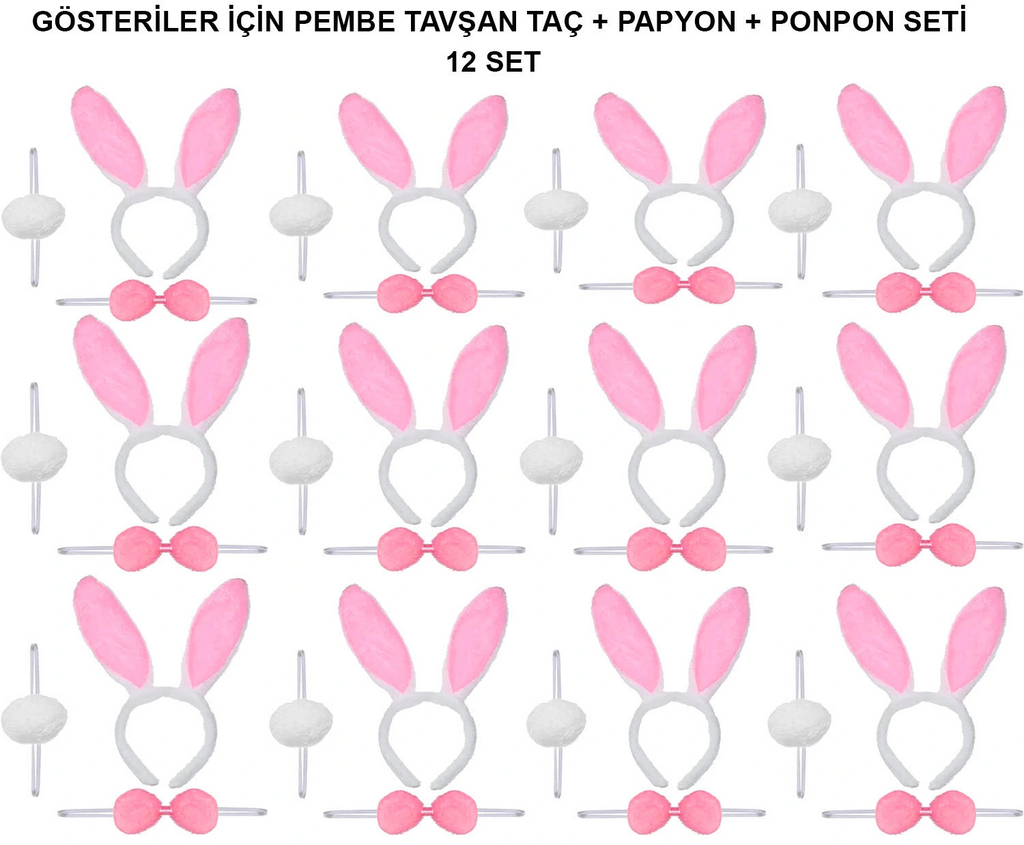Pembe Tavşan Kostüm Seti - Taç, Papyon, Ponpon (12 li Paket)