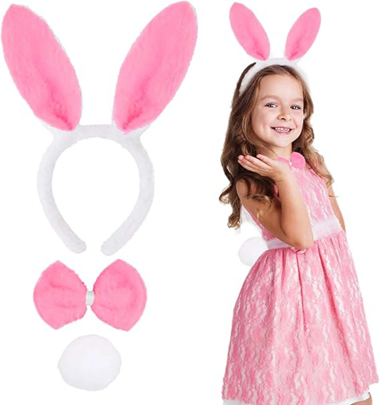 Pembe Tavşan Kostüm Seti - Taç, Papyon, Ponpon (12 li Paket)