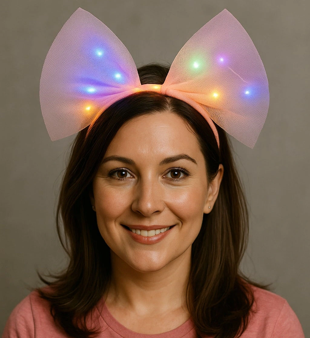 Rengarenk Led Işıklı Fiyonk Şekilli Tül Parti Tacı Pembe Renk 25x25 Cm