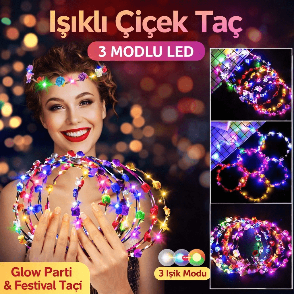 Renkli Led Çiçek Taç - 3 Işık Modlu Glow Parti Tacı