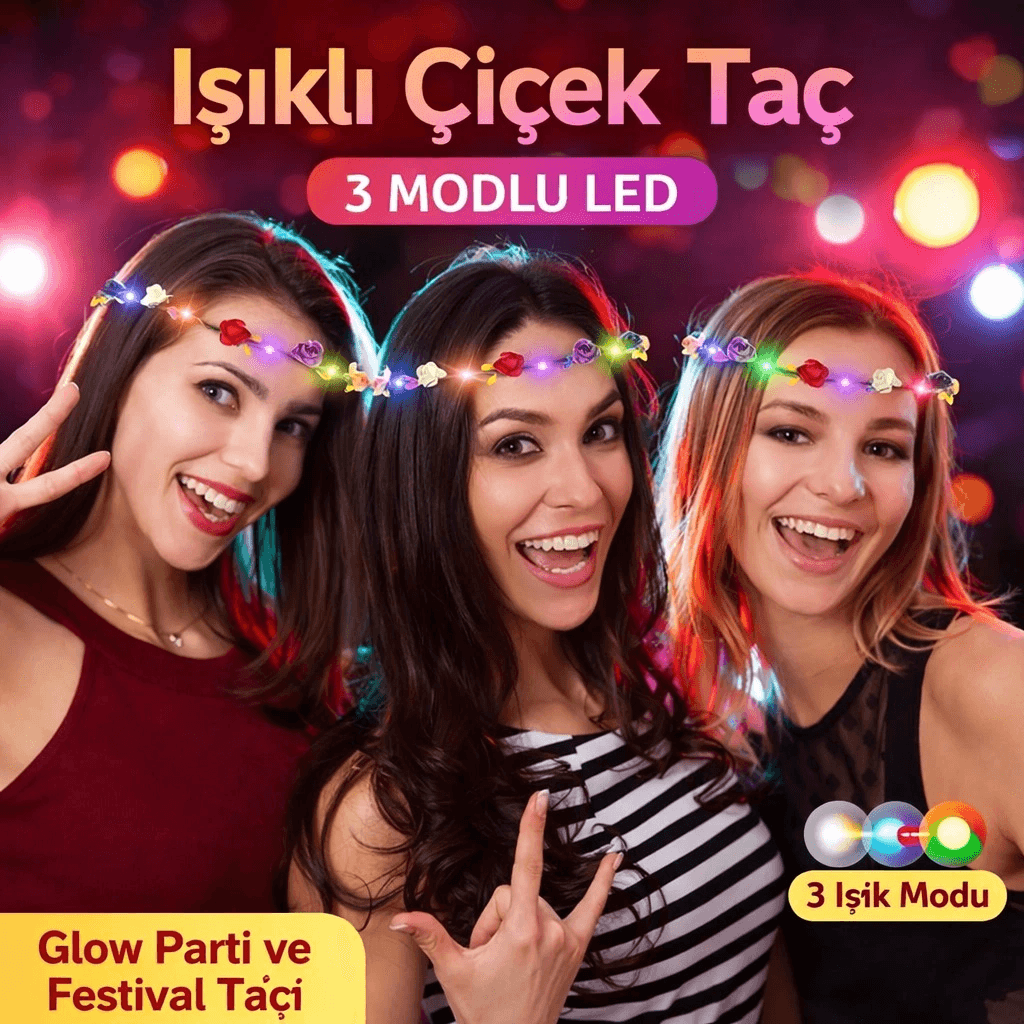 Renkli Led Çiçek Taç - 3 Işık Modlu Glow Parti Tacı