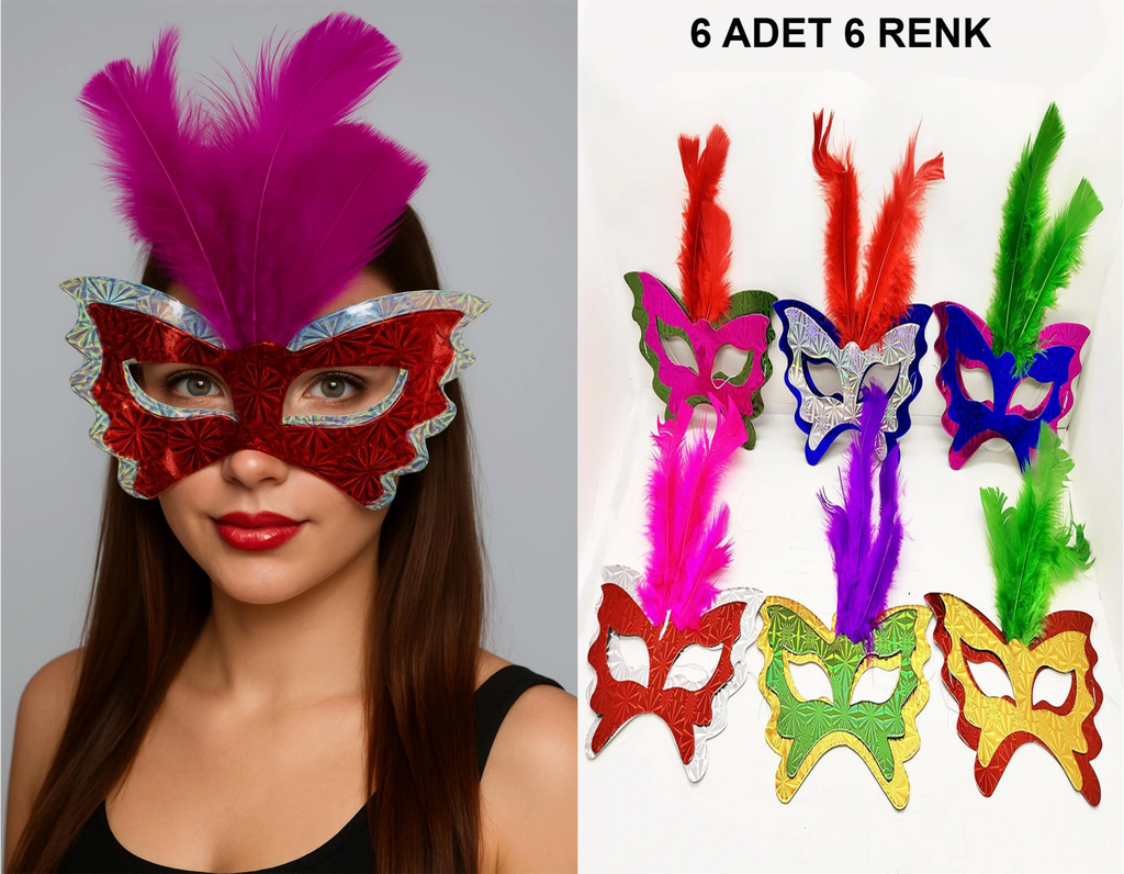 Renkli Parti Maskesi 6'lı | Tüylü Karton Maske Seti (lastikli)