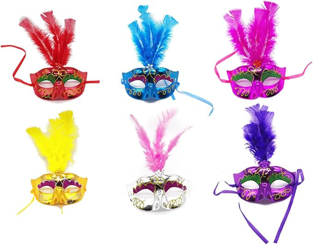 Renkli Tüylü Venedik Parti Maskesi Karışık Renk 12 Adet