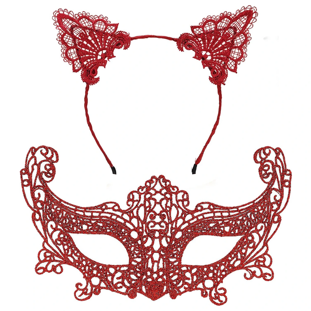 Romantik Kırmızı Dantel Maske Seti - Kedi Kulaklı Taç Ve Maske 3 No