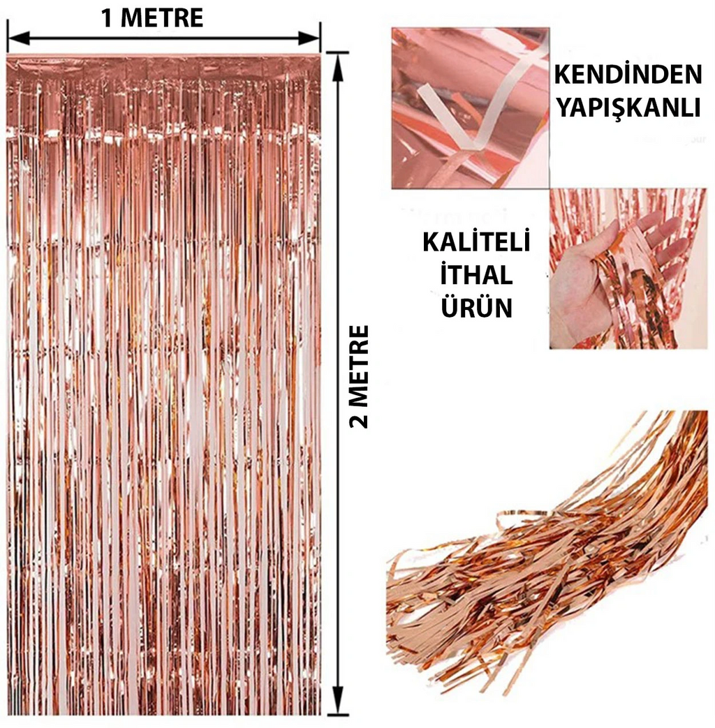 Rose Gold Püsküllü Kapı Perdesi - Parti, Bekarlığa Veda, Doğum Günü 1x2 M