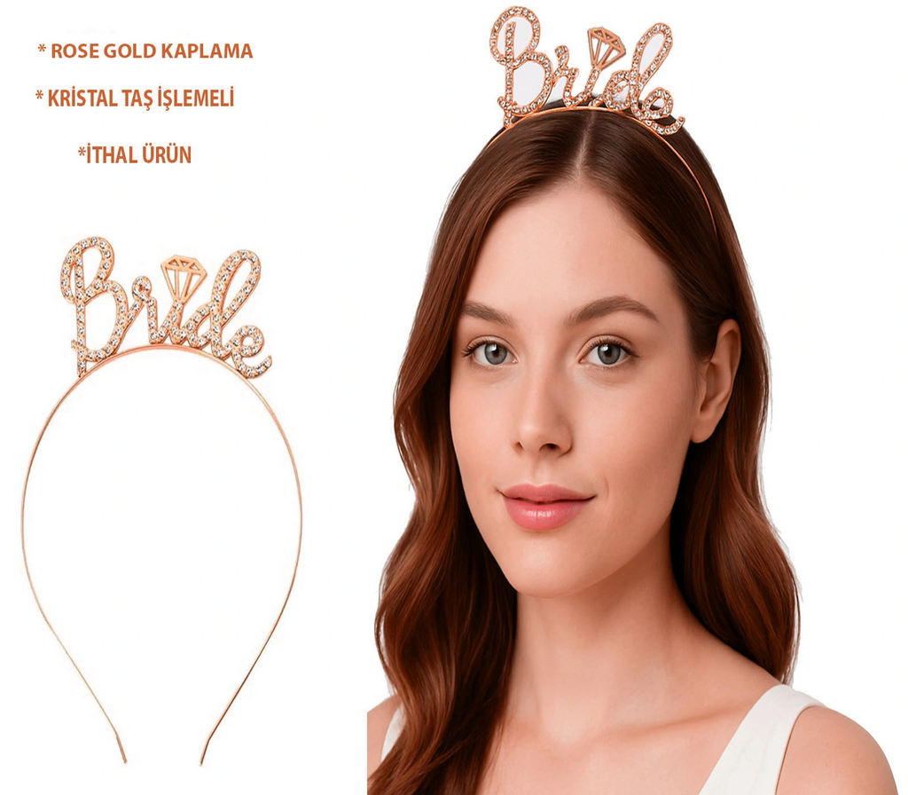 Rose Gold Renkli Taşlı 'bride' Gelin Tacı - El Yazısı Yazı Tipiyle