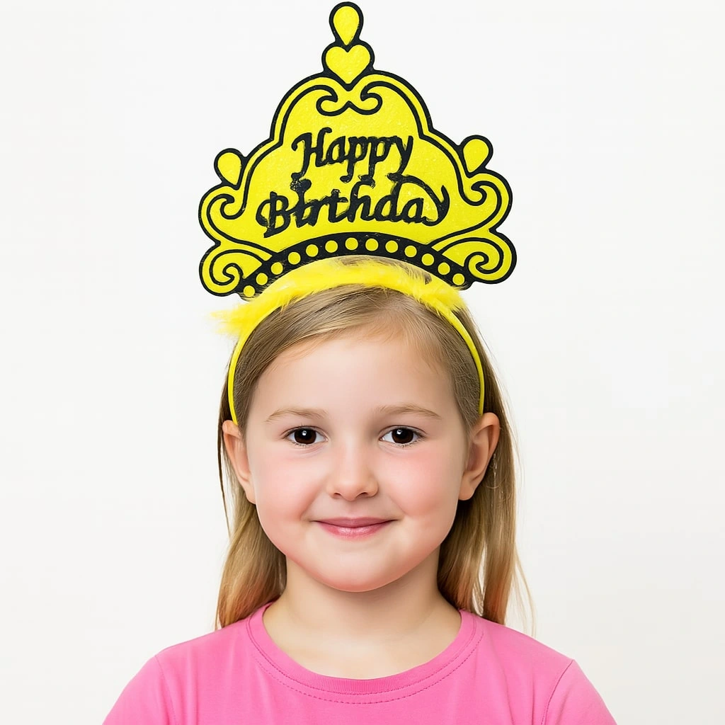 Sarı Happy Birthday Prenses Tacı - Doğum Günü Taç Aksesuarı