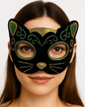Siyah Kadife Kaplama Üzeri Sarı Yeşil Sim İşlemeli Kedi Maskesi 20x13 Cm