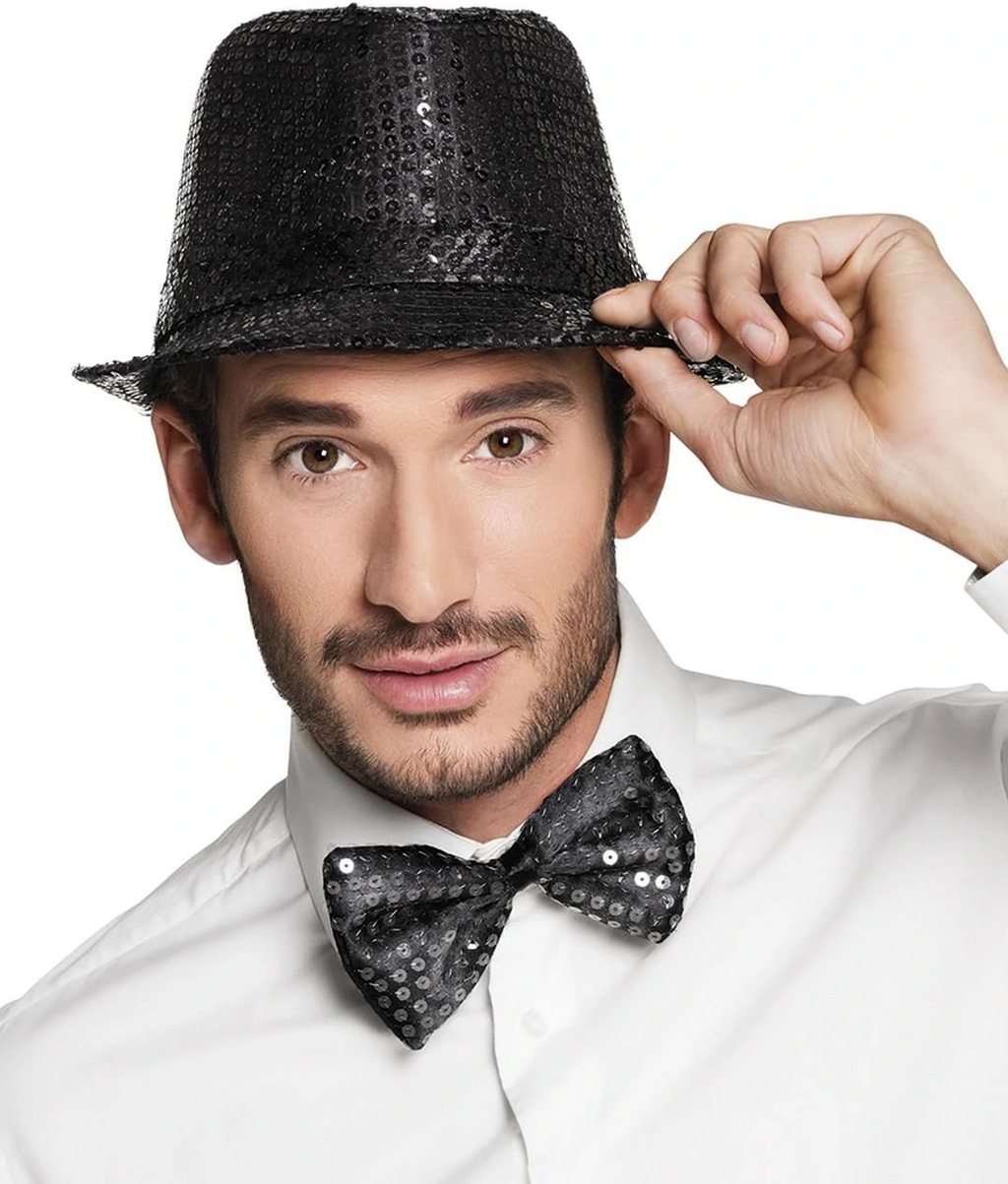 Siyah Payetli Şapka Ve Papyon Seti - Parıltılı Yetişkin Kostüm Seti