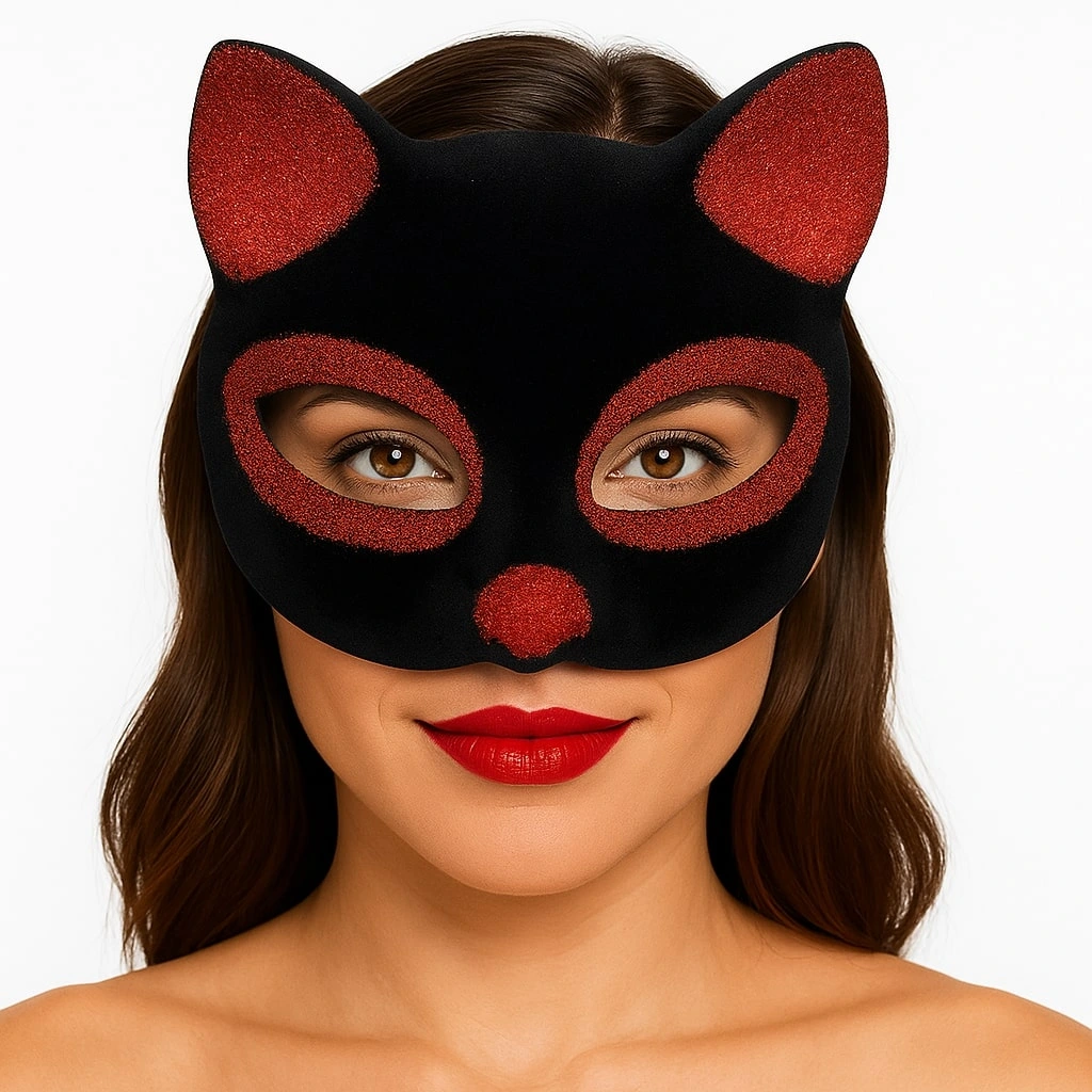 Siyah Renk Kırmızı Simli Süet Kaplama Kedi Maskesi 18x14 Cm