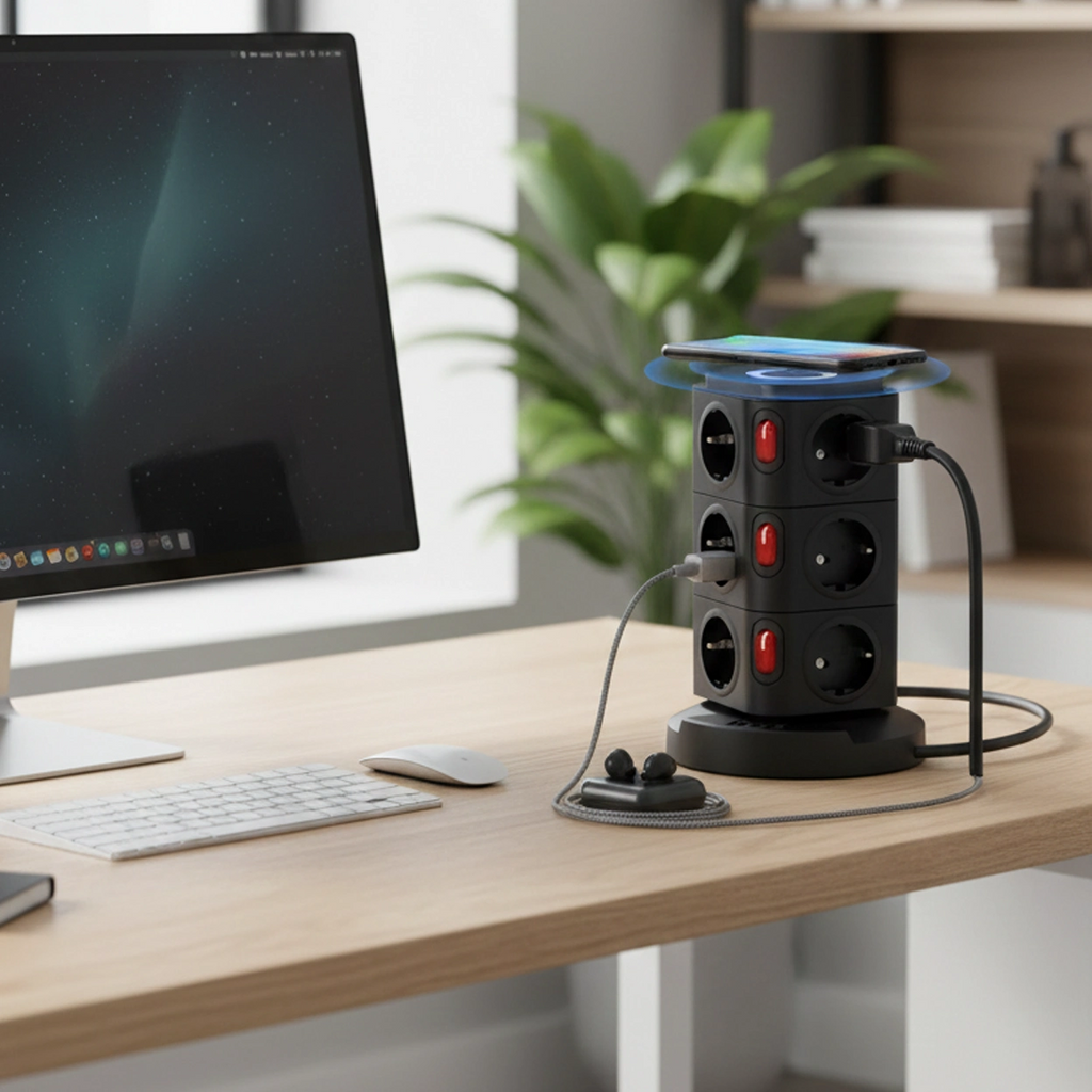 Termal Akım Korumalı Isıya Dayanıklı 3 Usb 12 Priz Ve Wireless Kablosuz Şarj 2.4 Amper Kablolu Priz