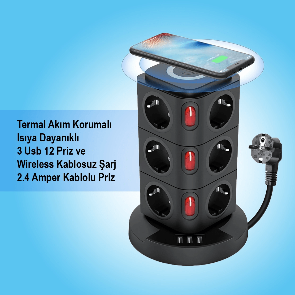 Termal Akım Korumalı Isıya Dayanıklı 3 Usb 12 Priz Ve Wireless Kablosuz Şarj 2.4 Amper Kablolu Priz